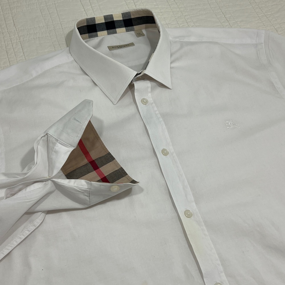 Burberry Brit Mens XXL White Long Sleeve Nova Check Trim Button Down Shirt *NOTE